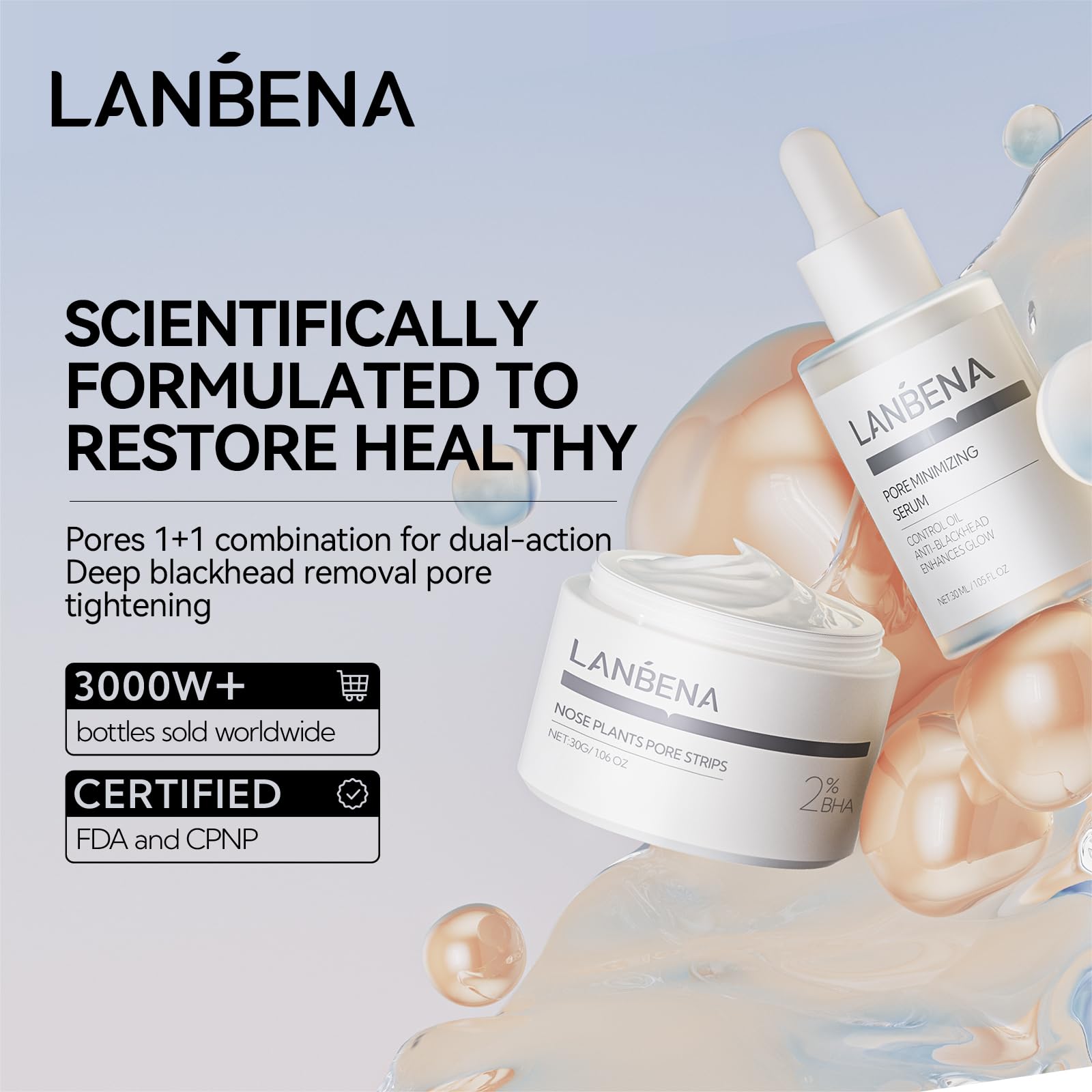 LANBENA pore-minimizing serum bottle ready for daily use.