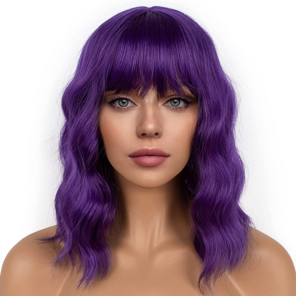 LANCAINI dark purple short bob wig with bangs front view, ideal for cosplay or daily wear.