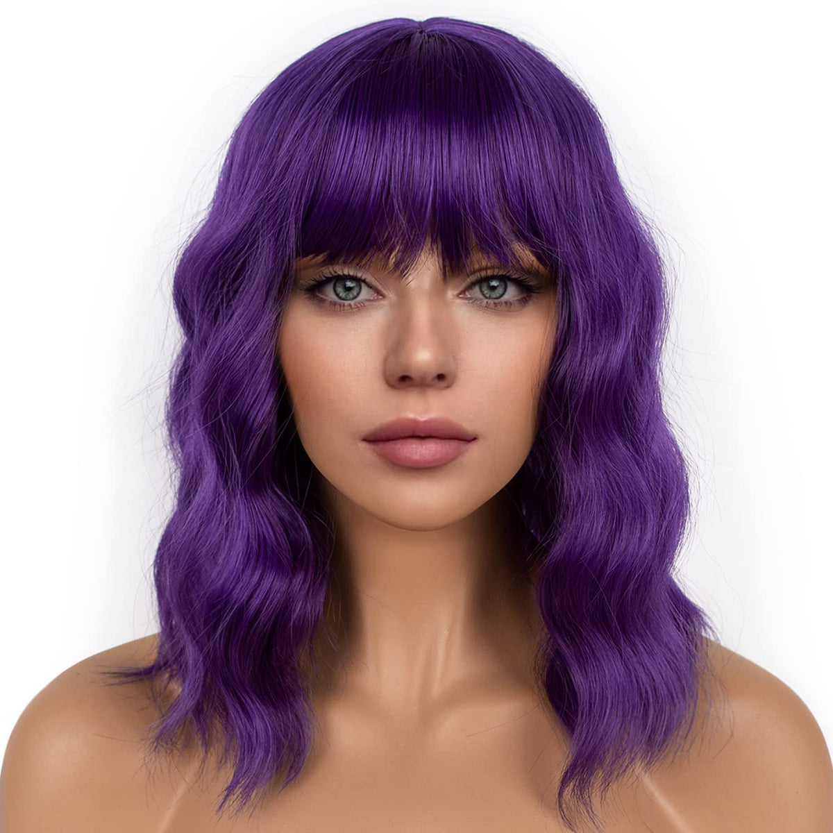 LANCAINI dark purple short bob wig with bangs front view, ideal for cosplay or daily wear.