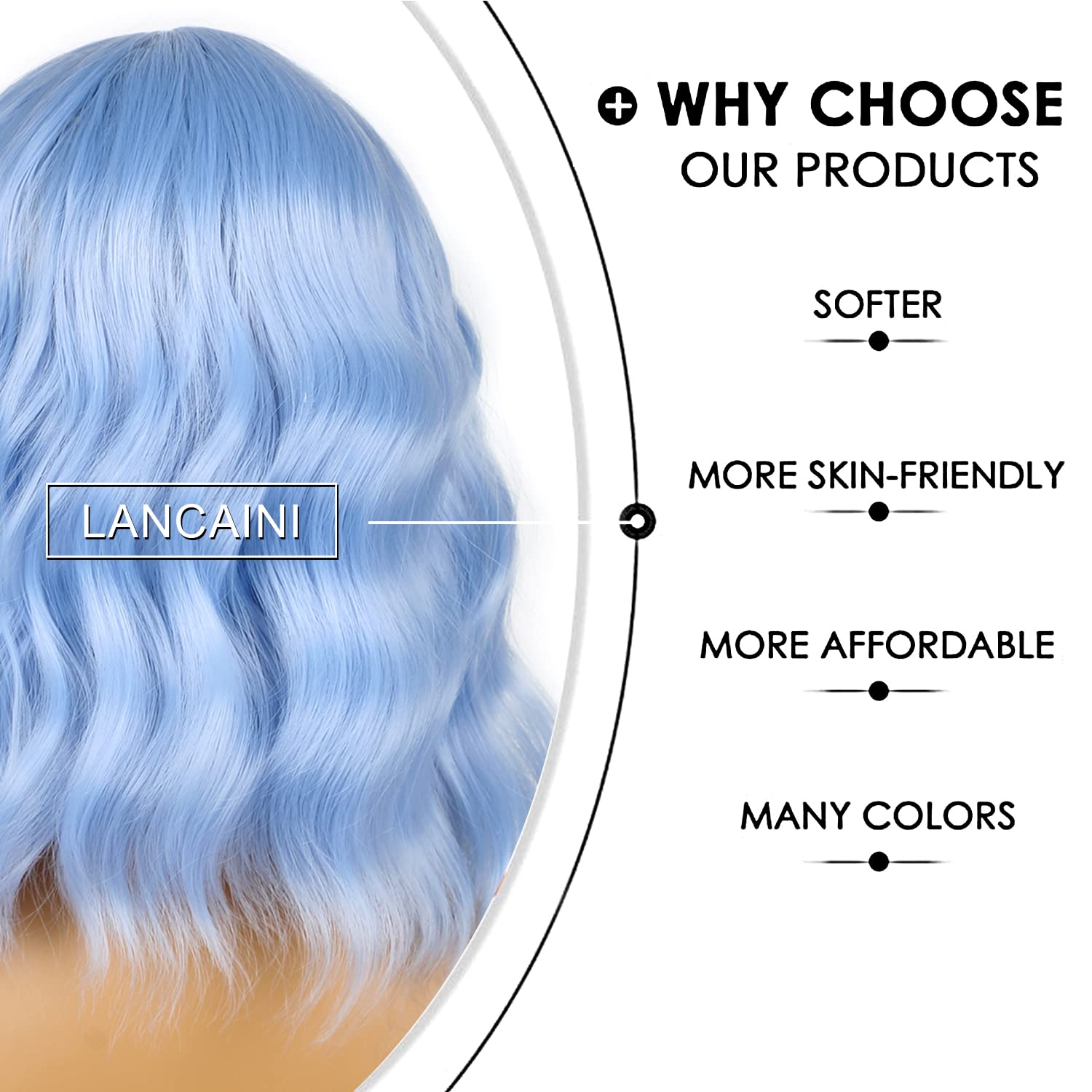 LANCAINI light-blue wig complements colorful costumes and daily outfits