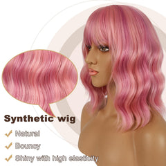 LANCAINI loose wavy shoulder-length wig pink ideal for daily wear or party looks.