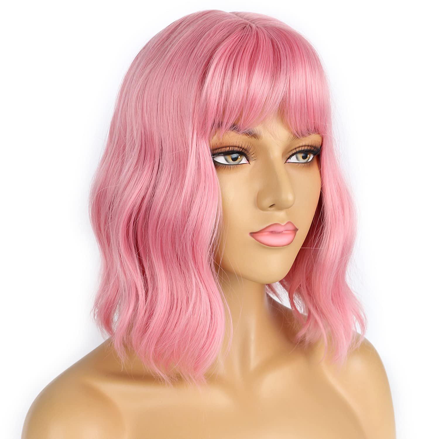 LANCAINI pastel bob wig pink bangs closeup focusing on fringe and fibers