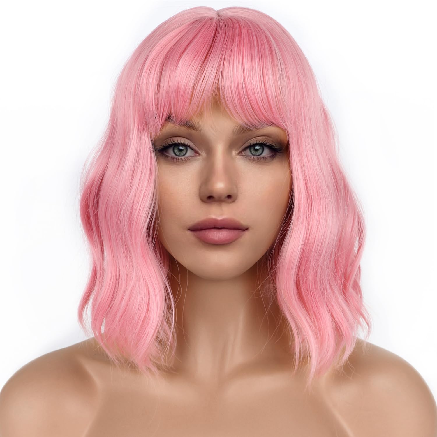 LANCAINI pastel bob wig pink front view with soft waves and lightweight feel