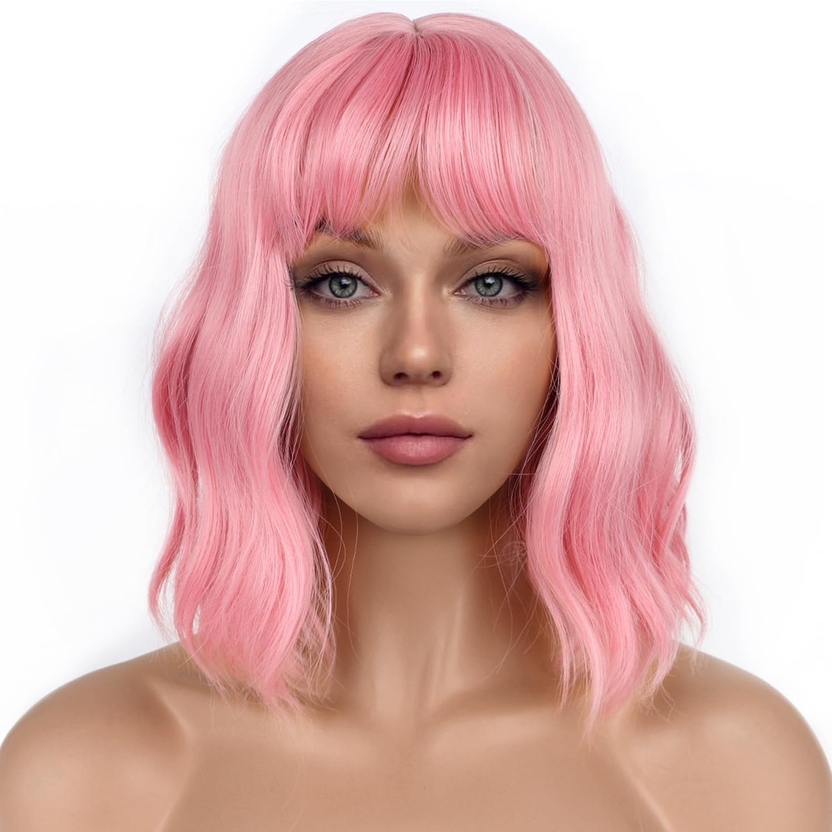 LANCAINI pastel bob wig pink front view with soft waves and lightweight feel