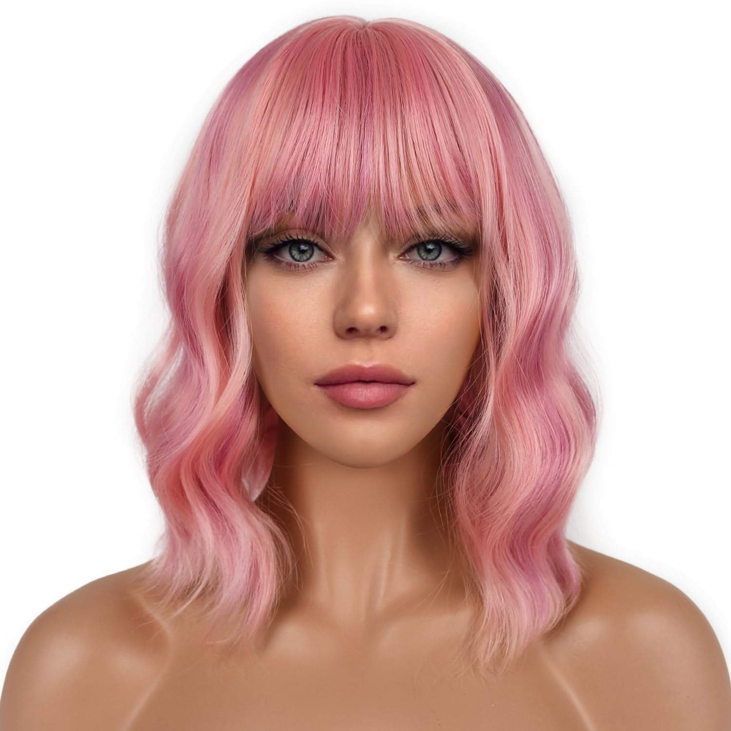 LANCAINI short bob wig with bangs pink for natural volume and playful cosplay.