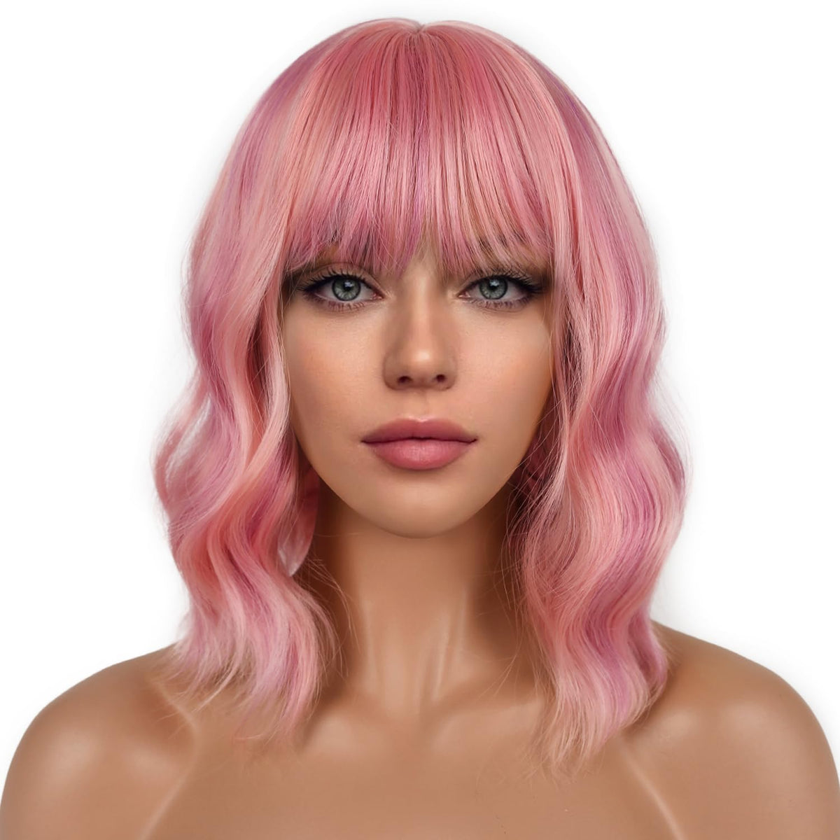 LANCAINI short bob wig with bangs pink for natural volume and playful cosplay.