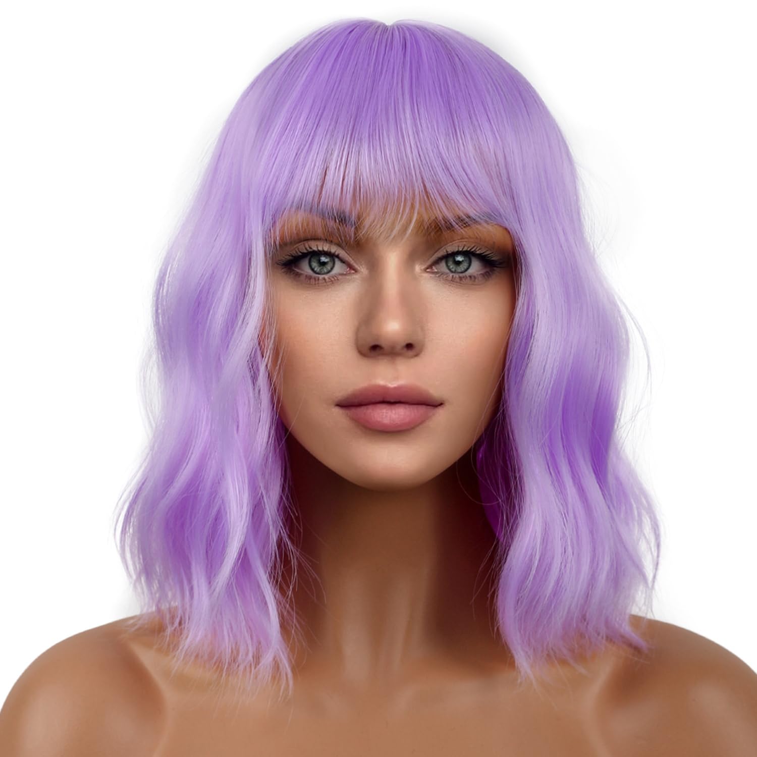 LANCAINI short bob wig with bangs in purple for cosplay and daily styling.