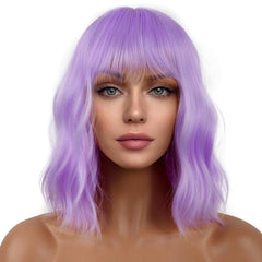 LANCAINI short bob wig with bangs in purple for cosplay and daily styling.