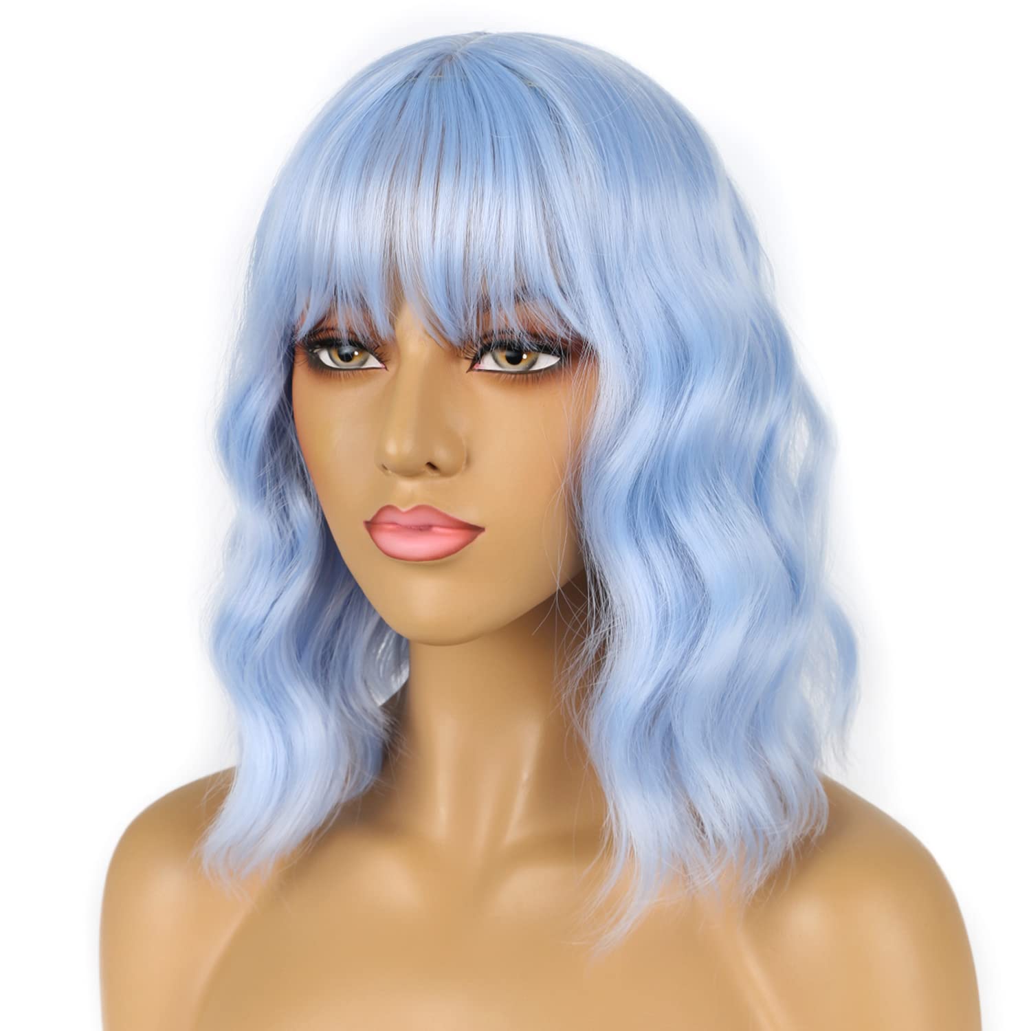 LANCAINI loose-wavy texture wig in light blue for casual or cosplay styling