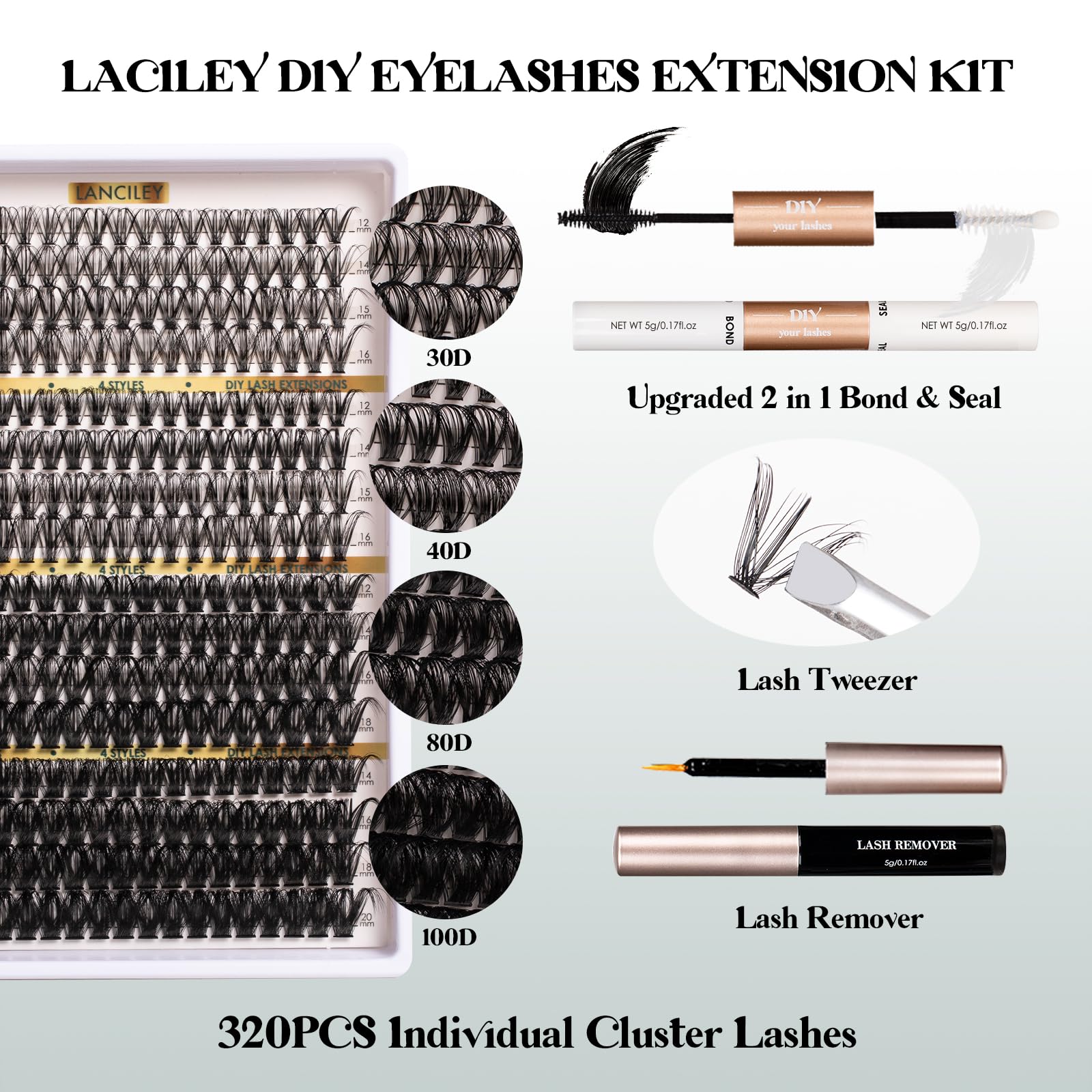 Lanciley lash clusters set with multiple D-curly options for versatile lash looks.