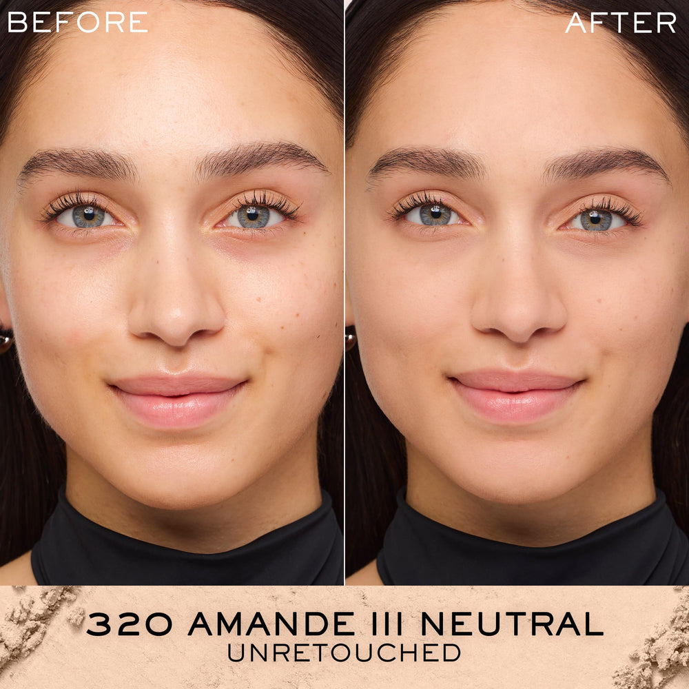 Lancôme Dual Finish powder texture closeup highlights smooth, blendable coverage.