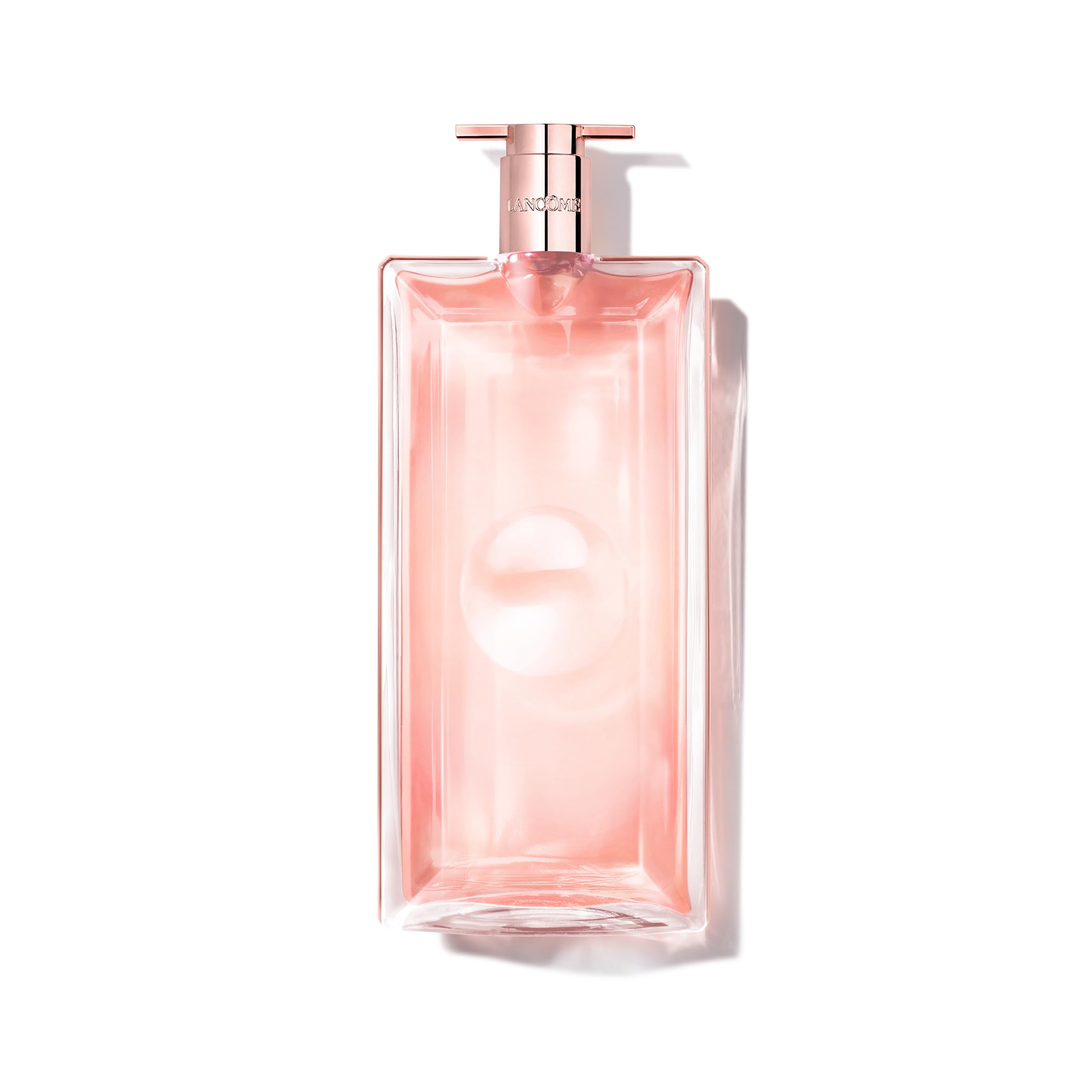 Lancôme Idôle bottle close-up highlights premium fragrance packaging.