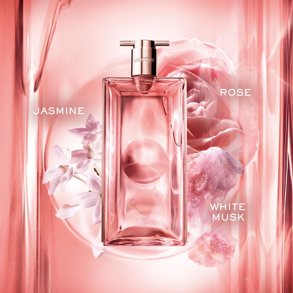 Lancôme Idôle horizontal bottle silhouette sits elegantly on a vanity.
