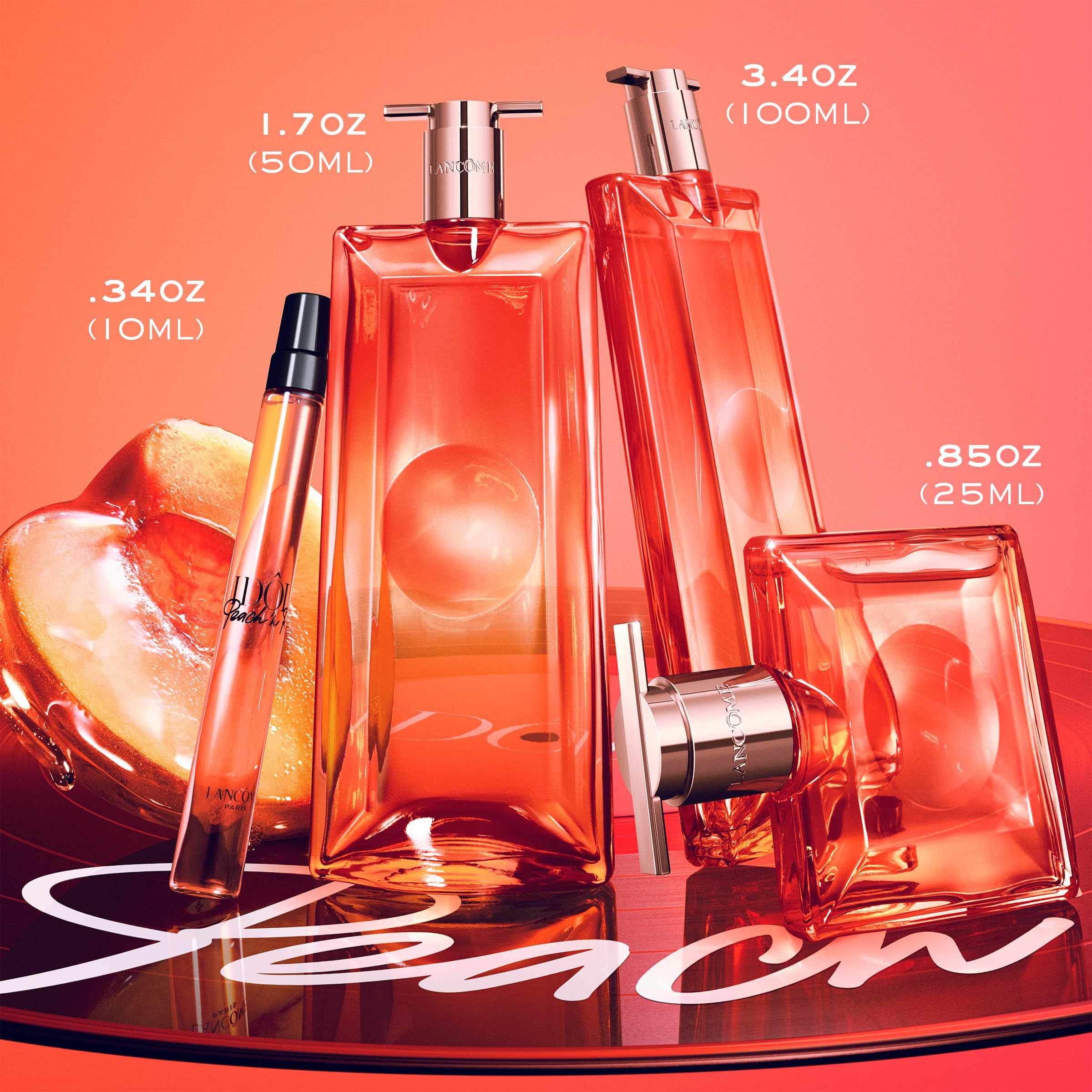 Lancôme Idôle peach heart close-up highlights juicy fruit for a playful mood.