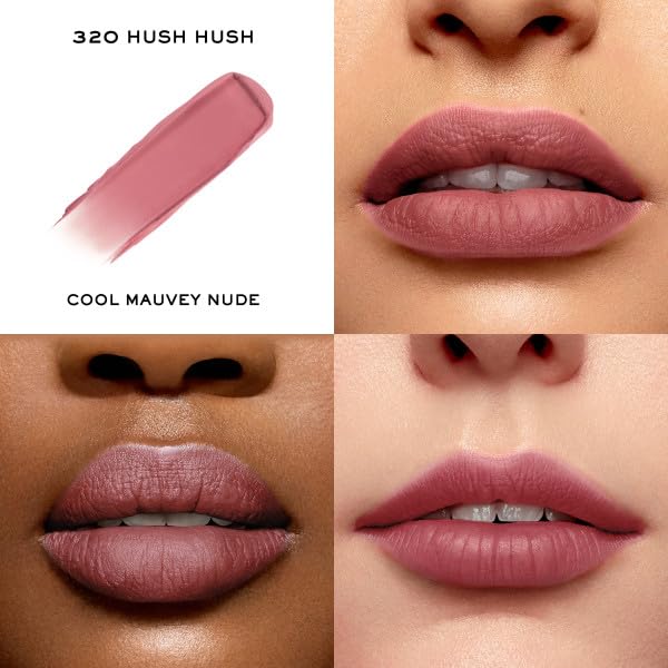 Lancôme swatch shows soft matte finish and buildable color on lips.