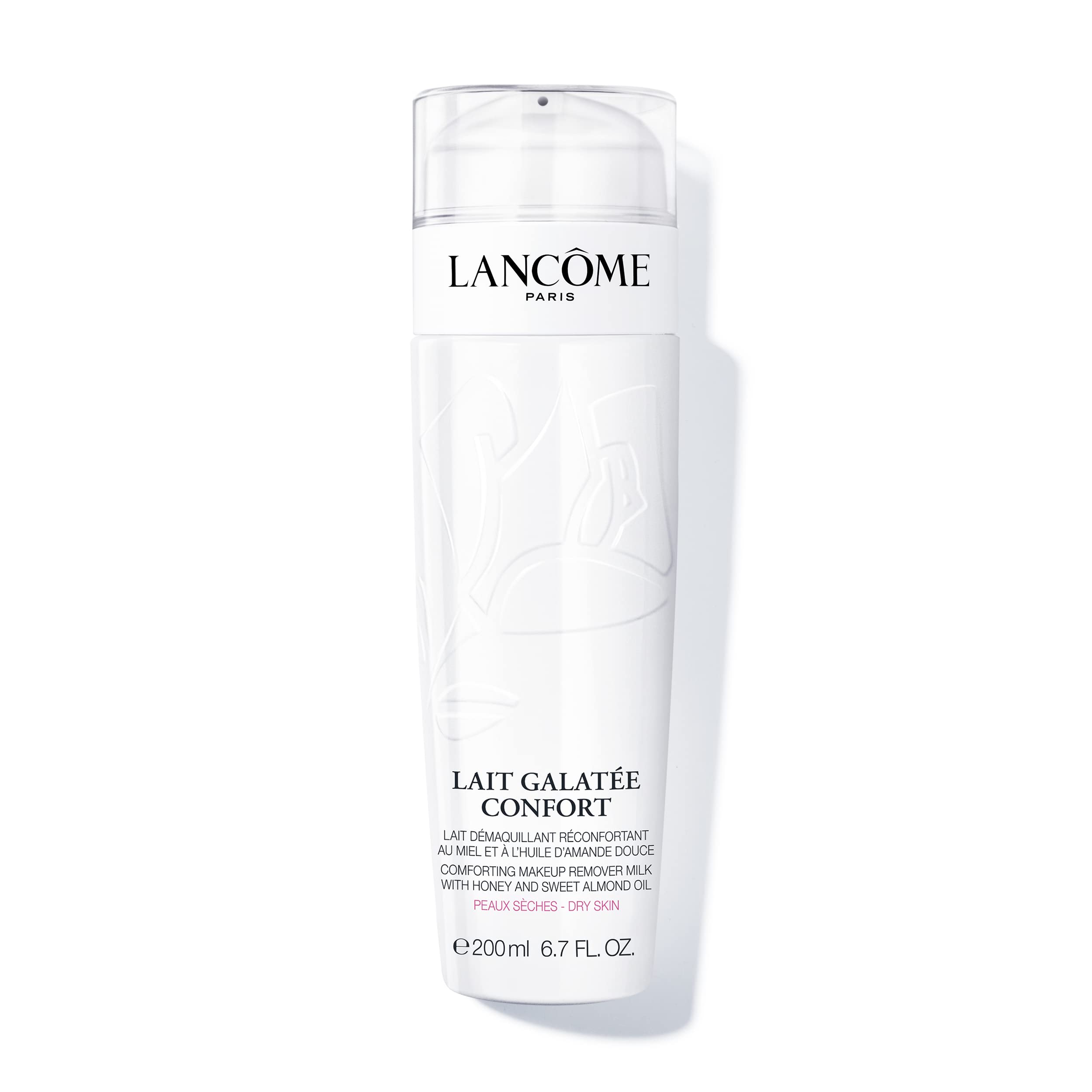 Lancôme Lait Galatée Confort bottle pour demonstrates makeup removal and gentle cleansing