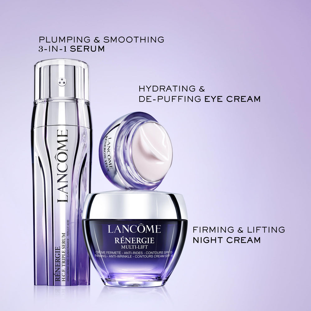 Lancôme Rénergie Lift Night Cream swatch on cheek showing smoothing effect.