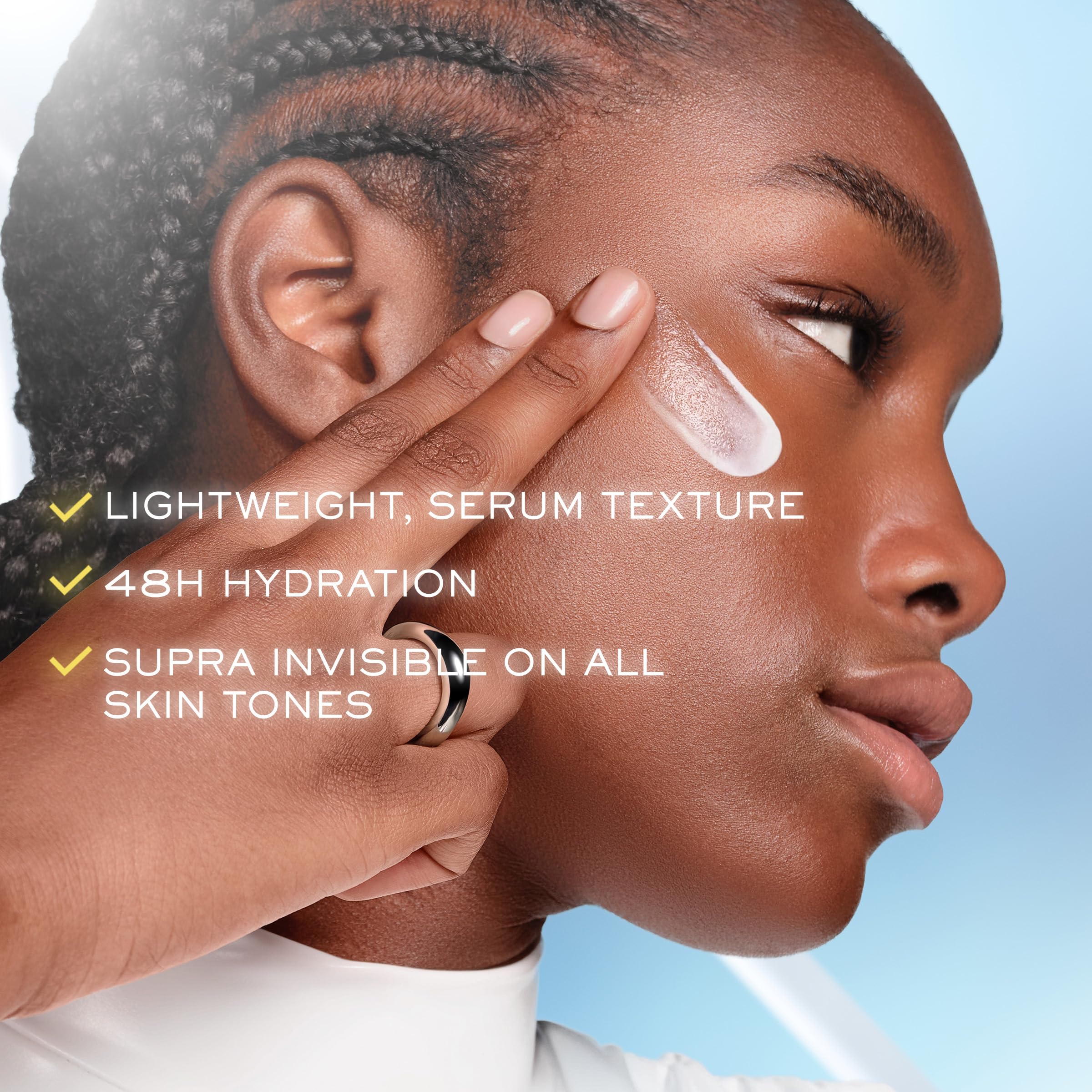 Lancôme Supra Screen niacinamide graphic highlights skin conditioning with sun protection.