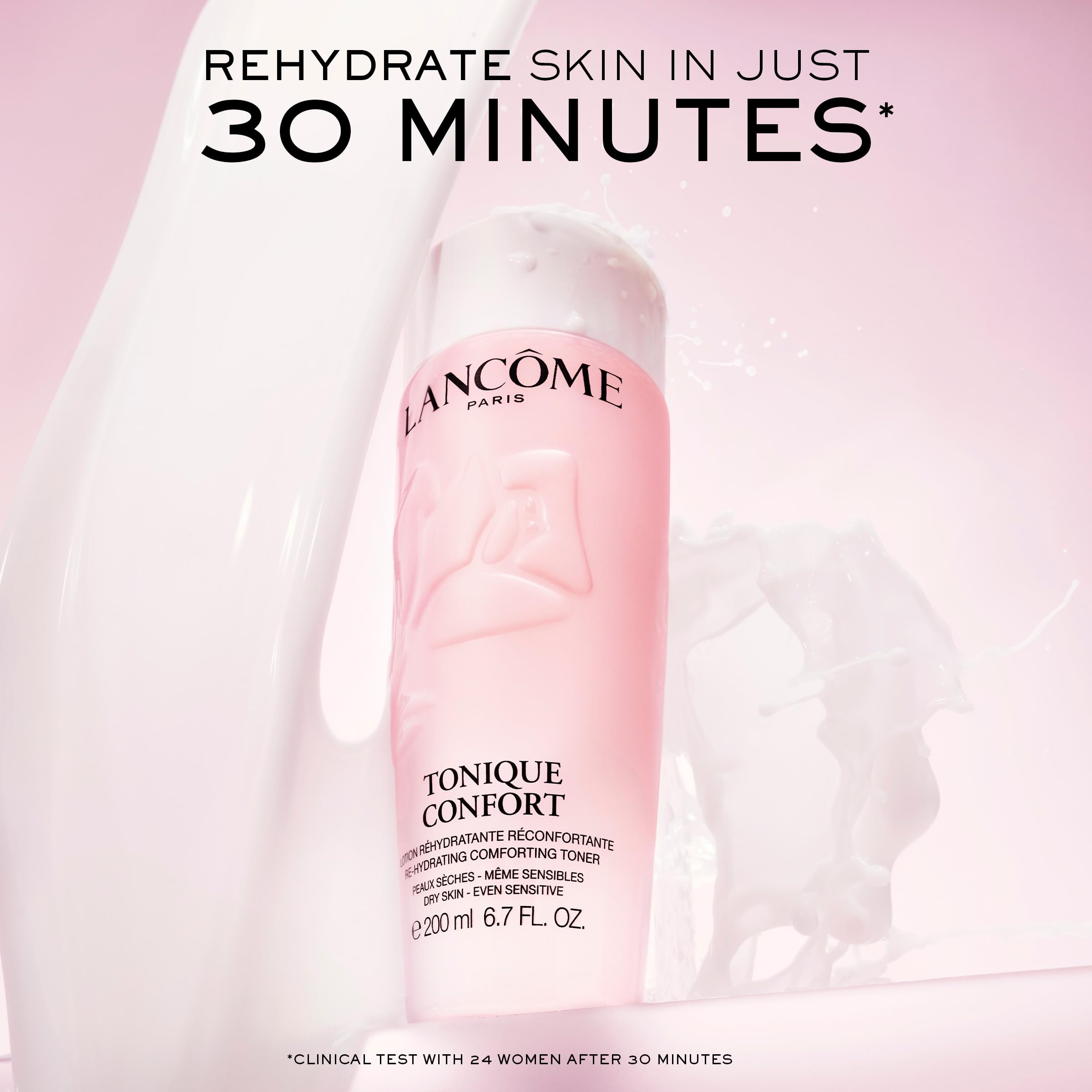 Lancôme Tonique Confort bottle side view showing sleek packaging for daily hydration
