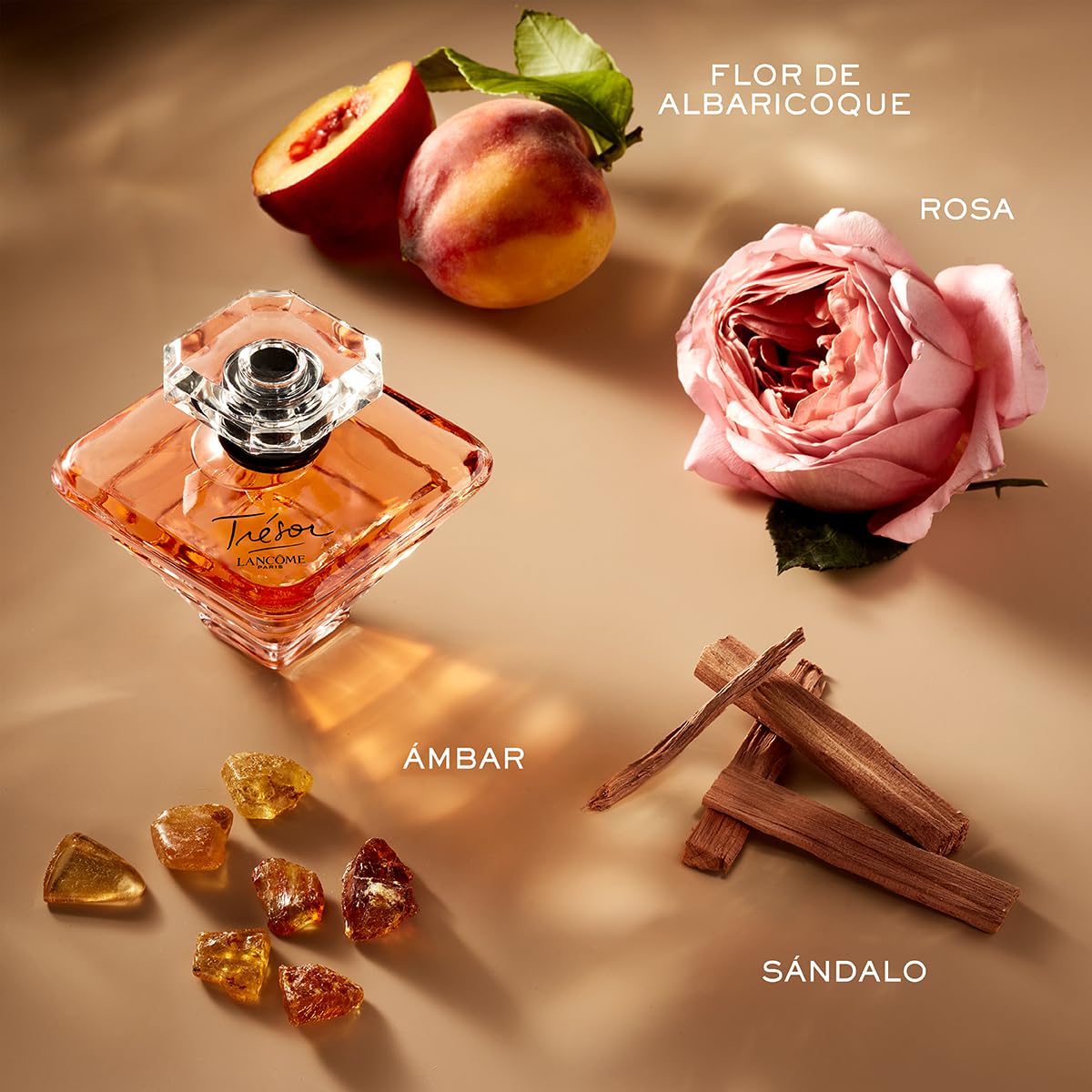 Lancôme Trésor bottle highlights apricot blossom and rose notes for romance.