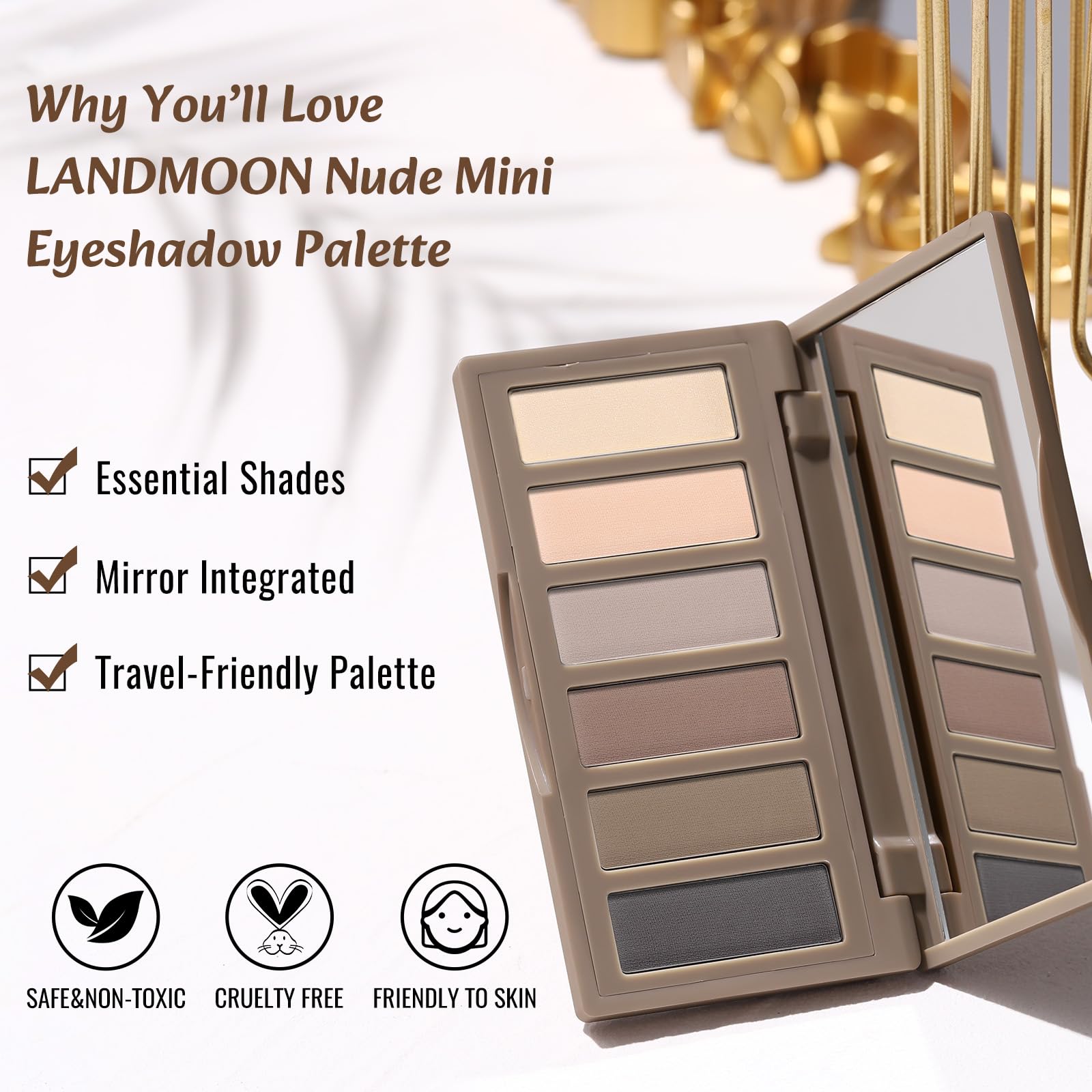 LANDMOON Nude Mini Paleta: compacto de viaje con espejo para retoques rápidos.