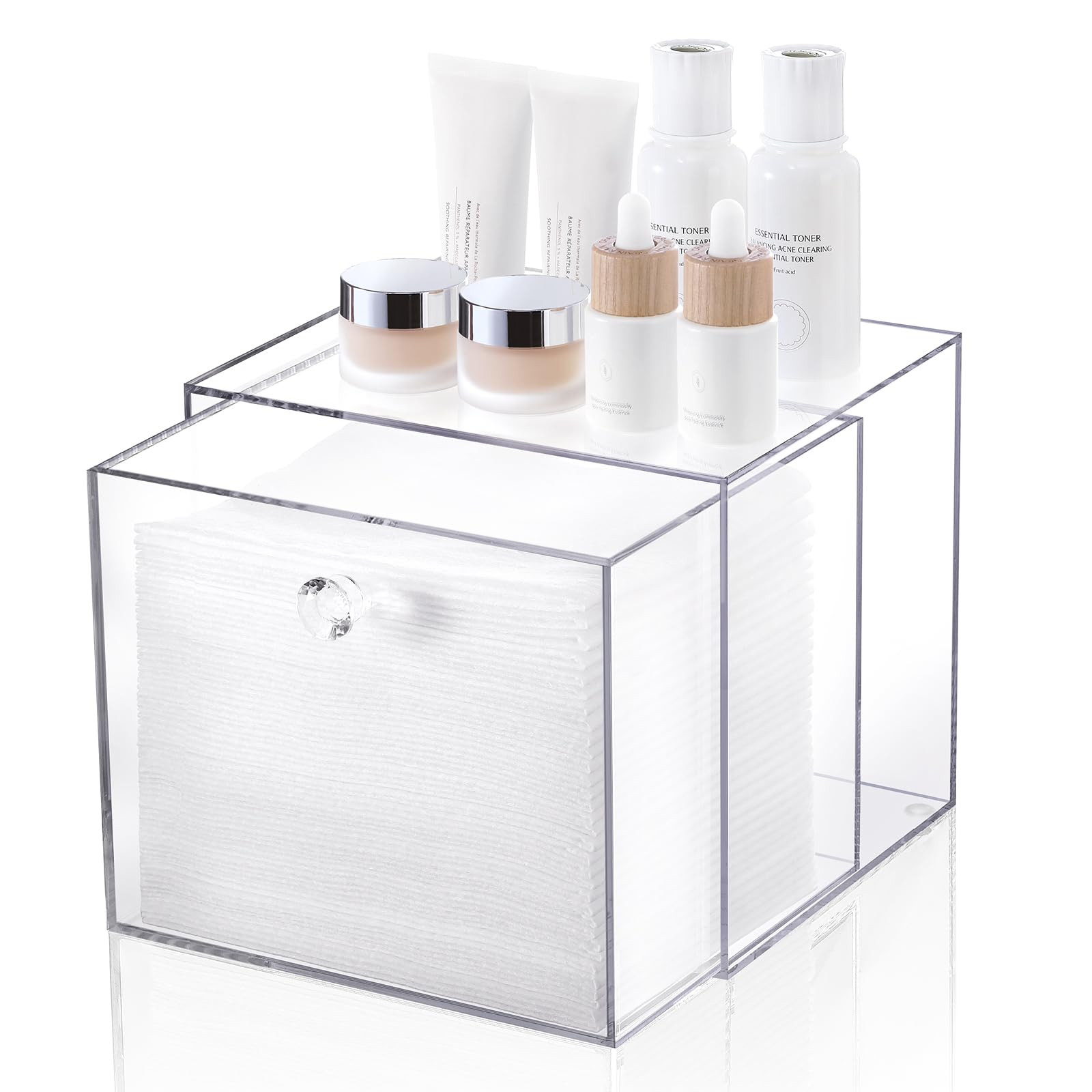 LANDNEOO acrylic towel box open on a vanity for tidy towel access