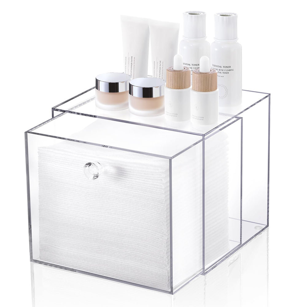 LANDNEOO acrylic towel box open on a vanity for tidy towel access