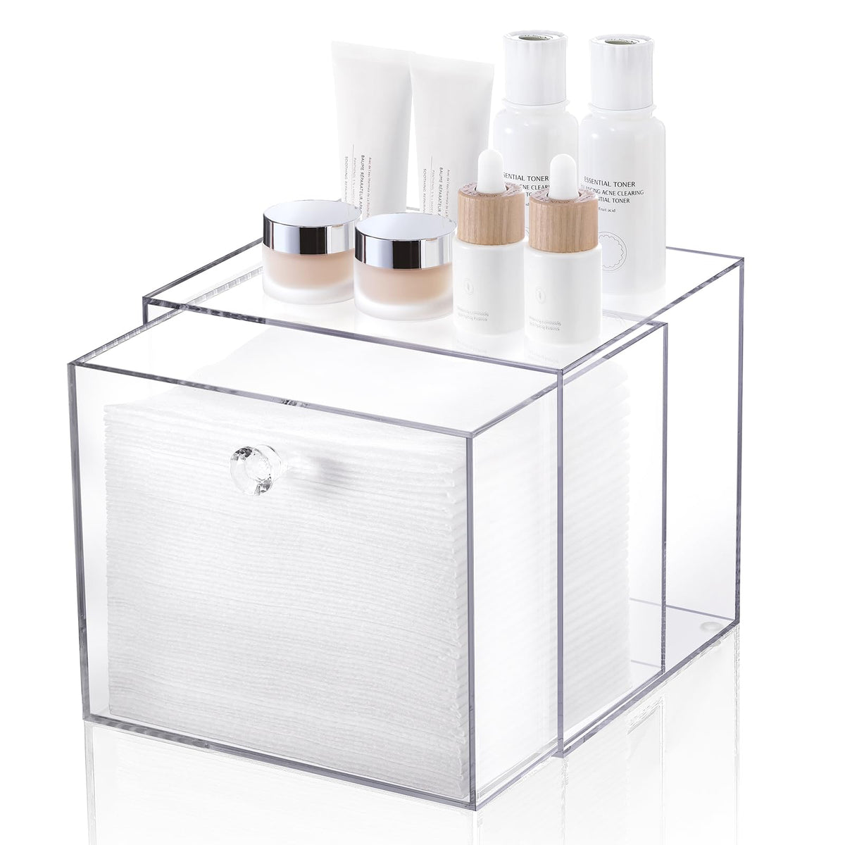 LANDNEOO acrylic towel box open on a vanity for tidy towel access