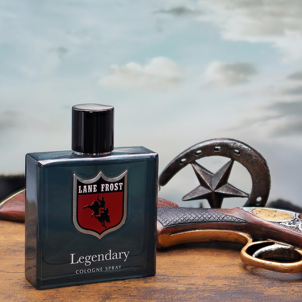 Lane Frost Legendary cap closeup emphasizing premium packaging and lasting fragrance