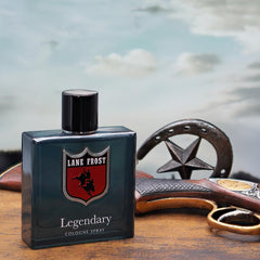 Lane Frost Legendary cap closeup emphasizing premium packaging and lasting fragrance