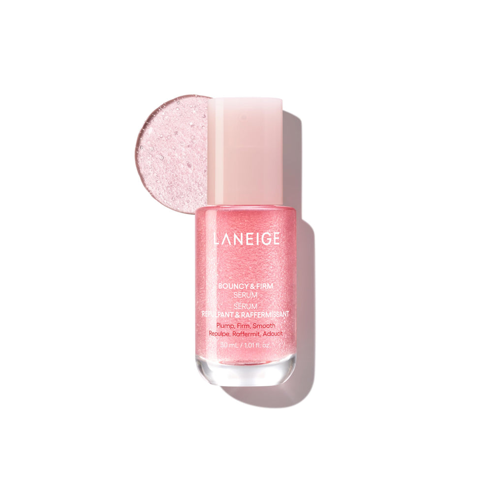 Laneige Bouncy & Firm Serum bottle close-up, highlighting lightweight hydration.