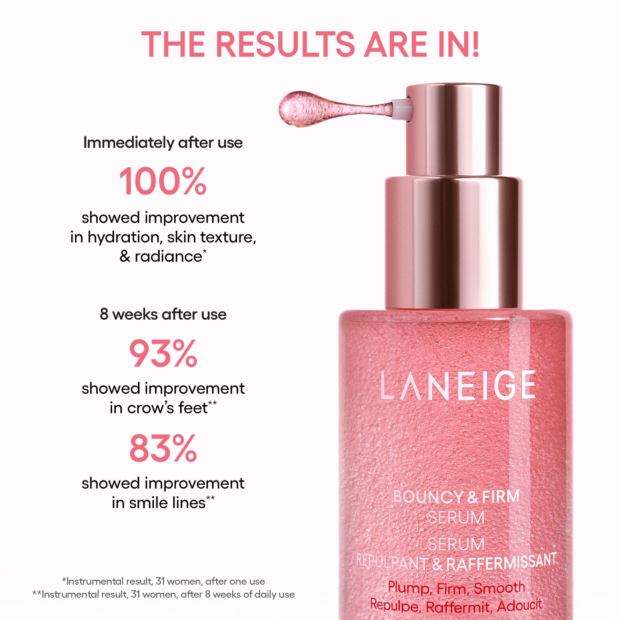 Laneige Bouncy & Firm Serum on a bedside vanity with skincare lineup.