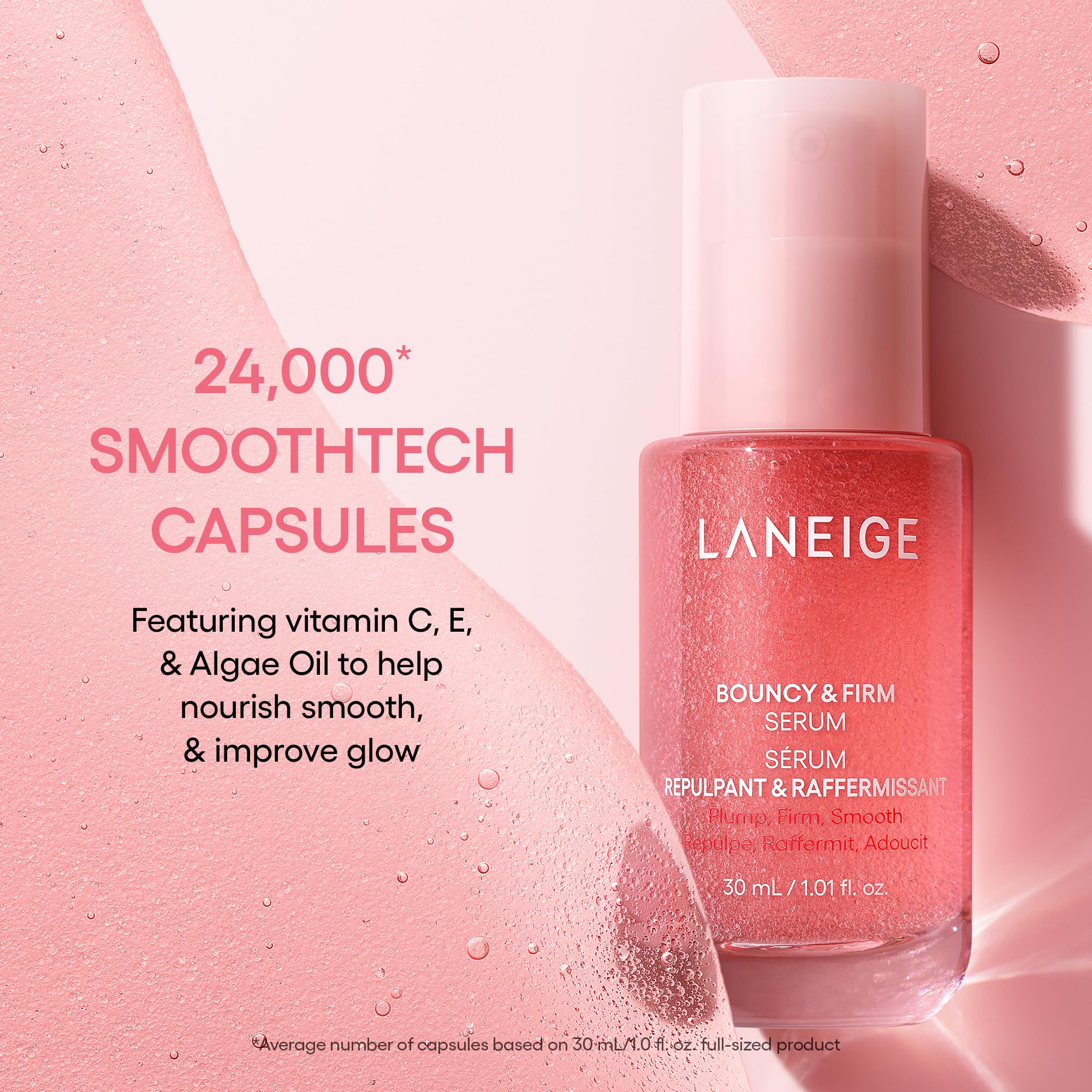 Laneige Bouncy & Firm Serum glow effect shown on moisturized cheeks.