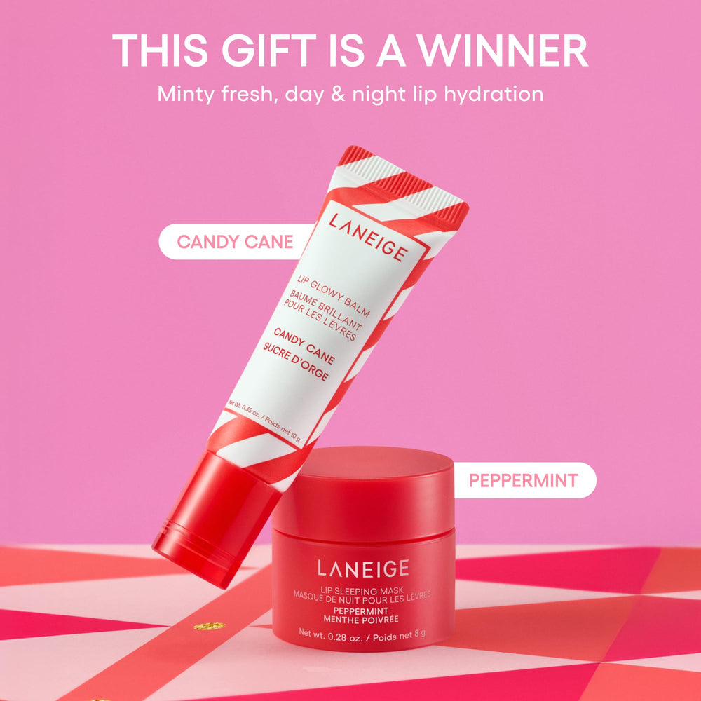LANEIGE Candy Cane Lip Glowy Balm tube for daytime moisture and gloss.