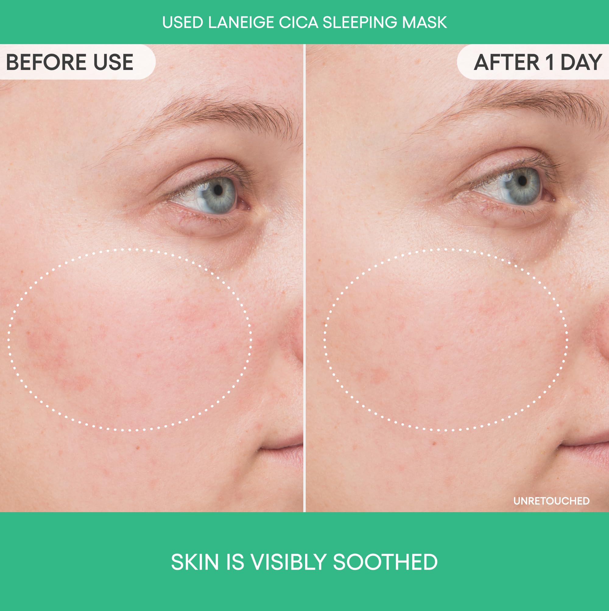 LANEIGE Cica Sleeping Mask close-up underscores calming effect on redness appearance