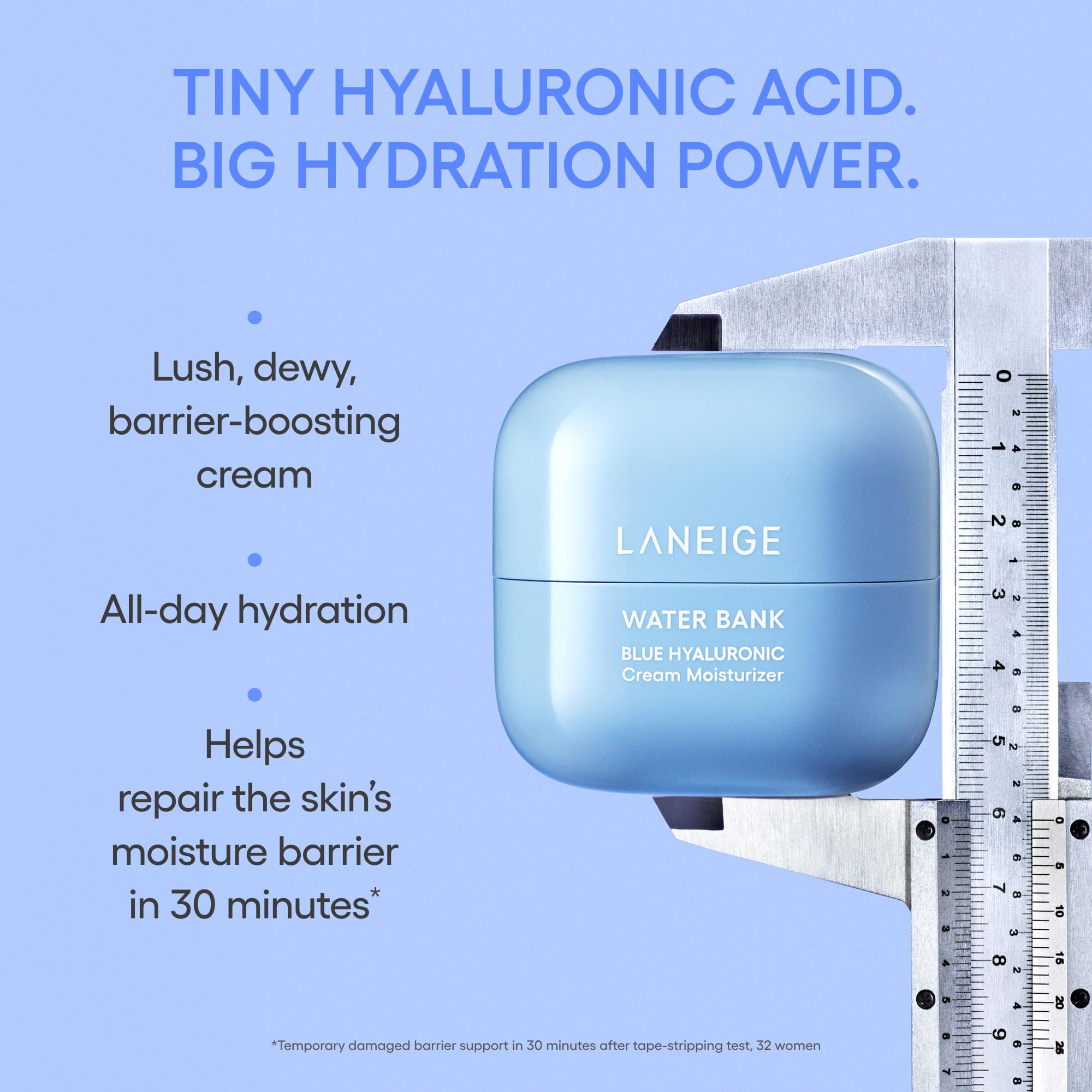 LANEIGE Water Bank Blue Hyaluronic Cream on cheek showcasing moisture locking