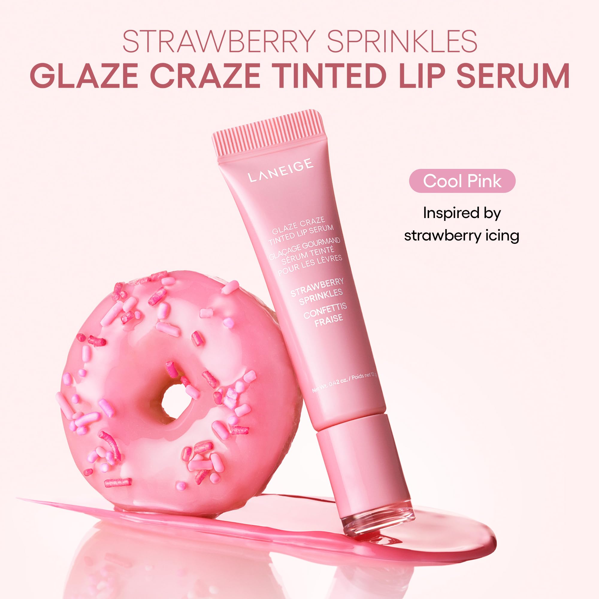Glossy finish and hydration highlighted in close-up lip shot.
