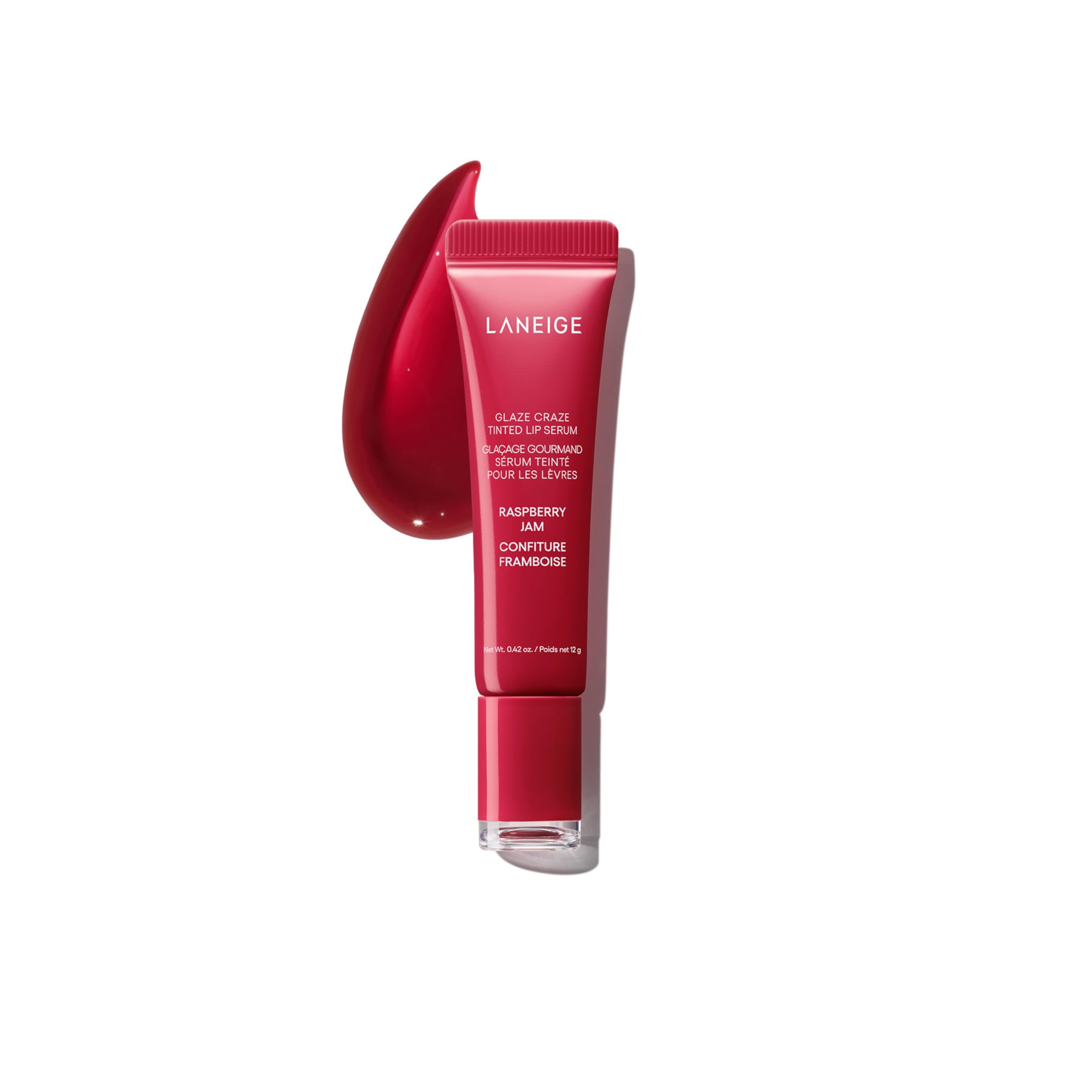 Laneige Glaze Craze Raspberry Jam bottle close-up showing hydrating glossy finish.