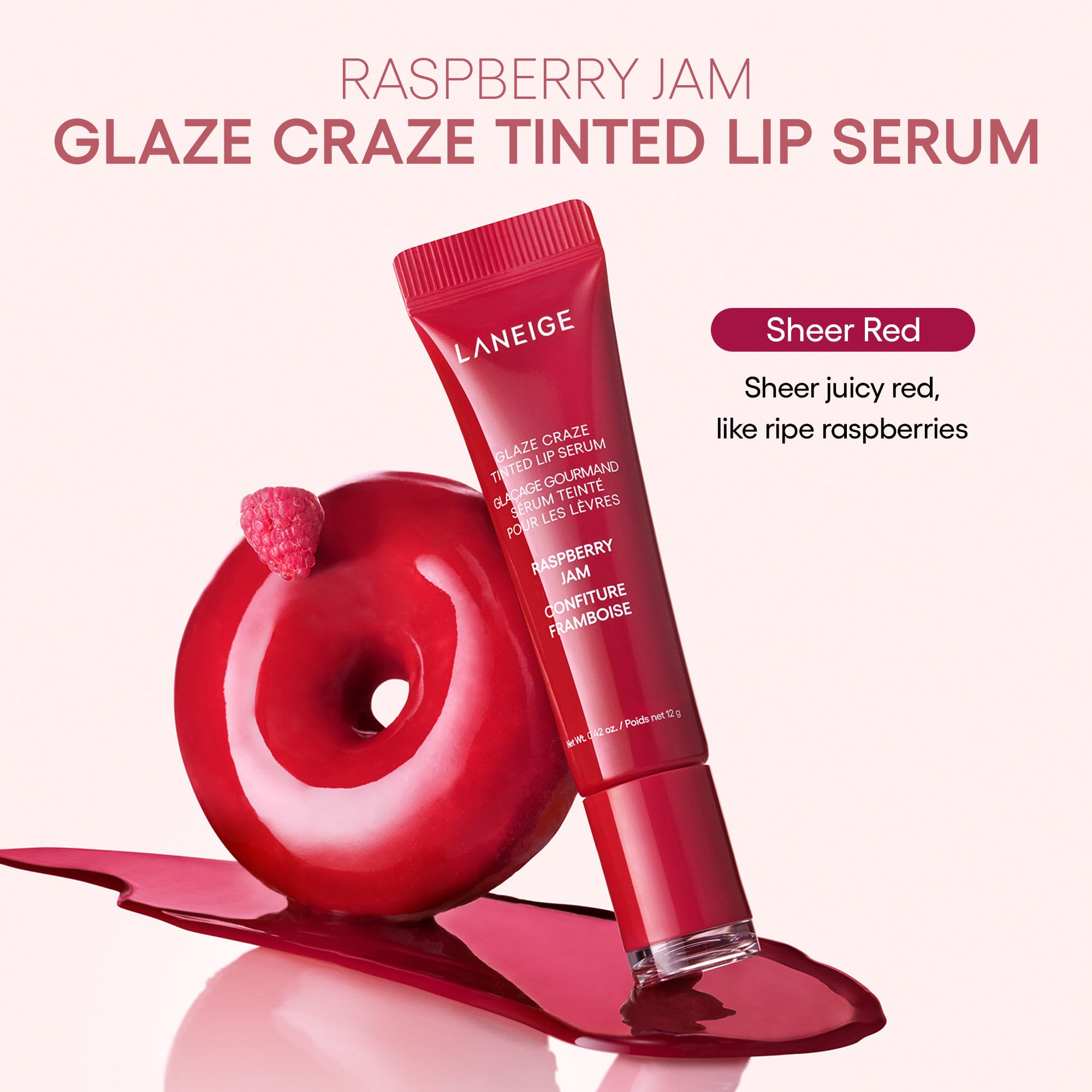 Laneige Glaze Craze Raspberry Jam worn as lip topper adds shimmer.