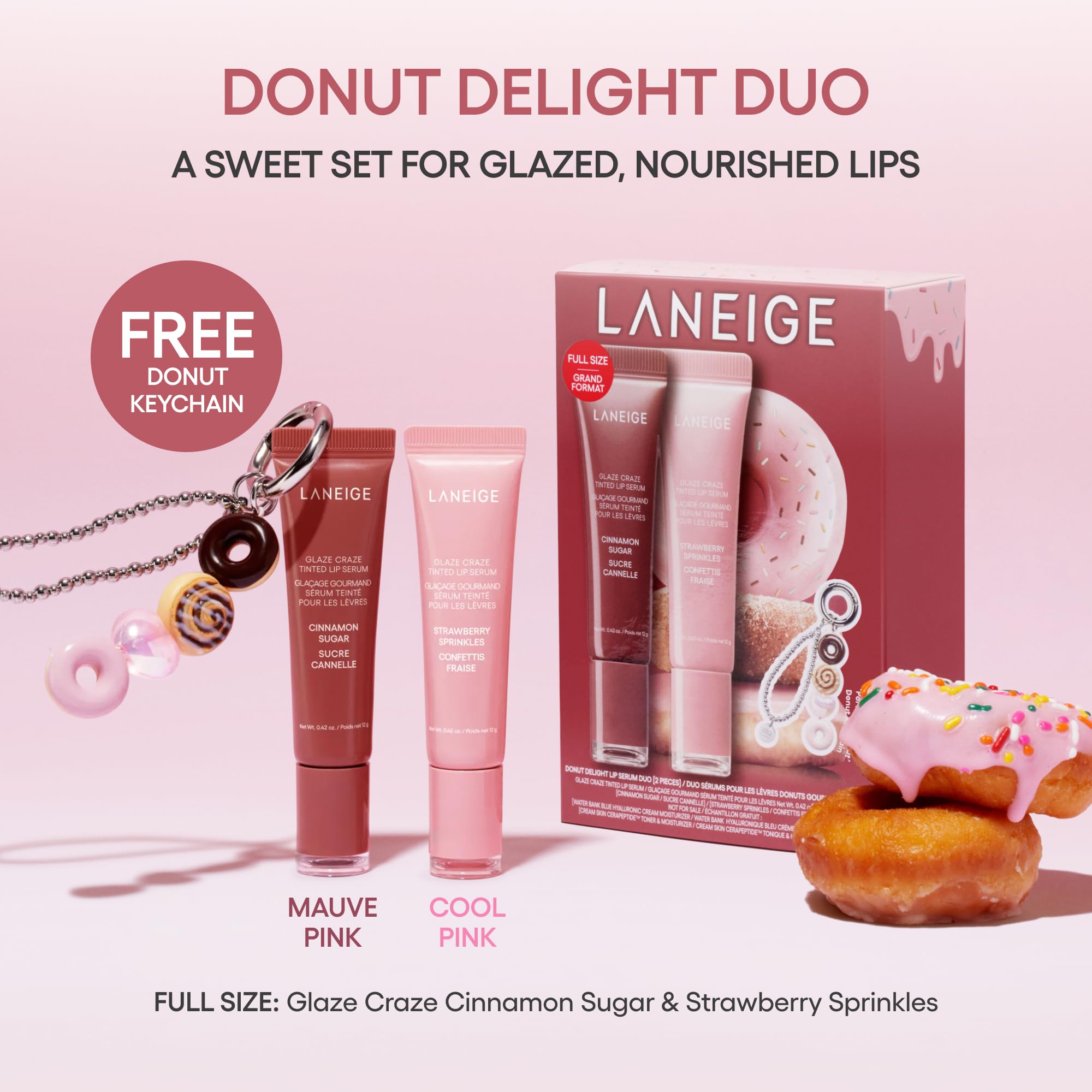 LANEIGE Glaze Craze Strawberry Sprinkles serum bottle in cool pink for glossy color.