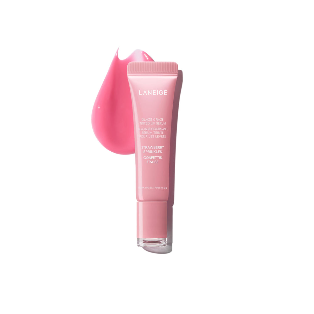 LANEIGE Glaze Craze Strawberry Sprinkles swatch on lips, glassy shine and hydration.