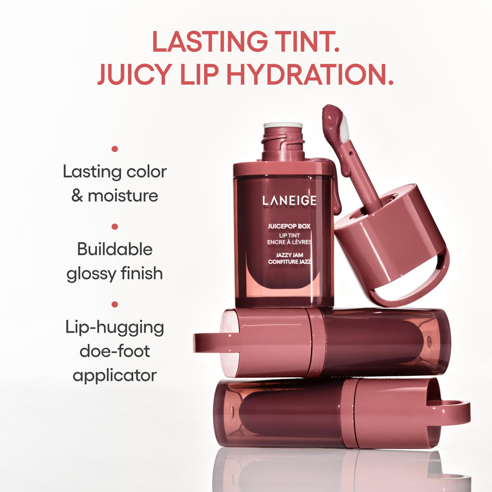 Swatches display eight music-inspired shades for LANEIGE JuicePop Box Lip Tint.