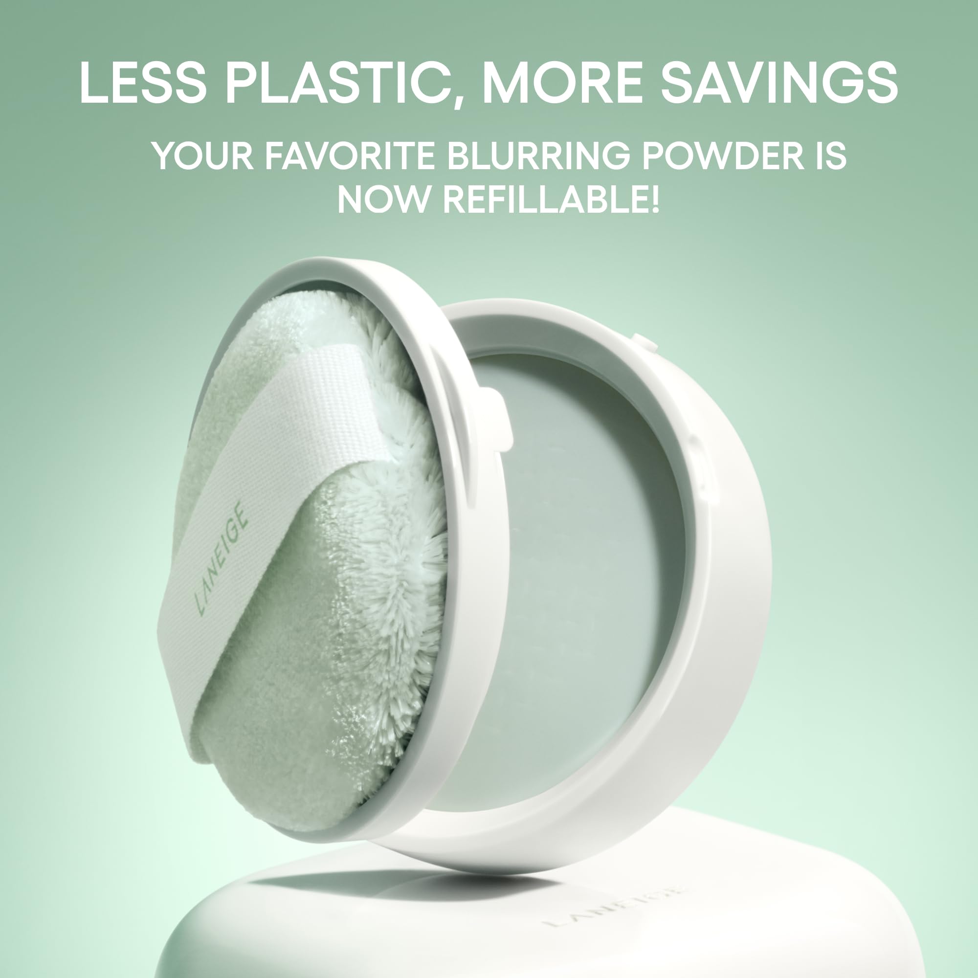 LANEIGE Neo Blurring Powder packaging highlights refill and reduced plastic.