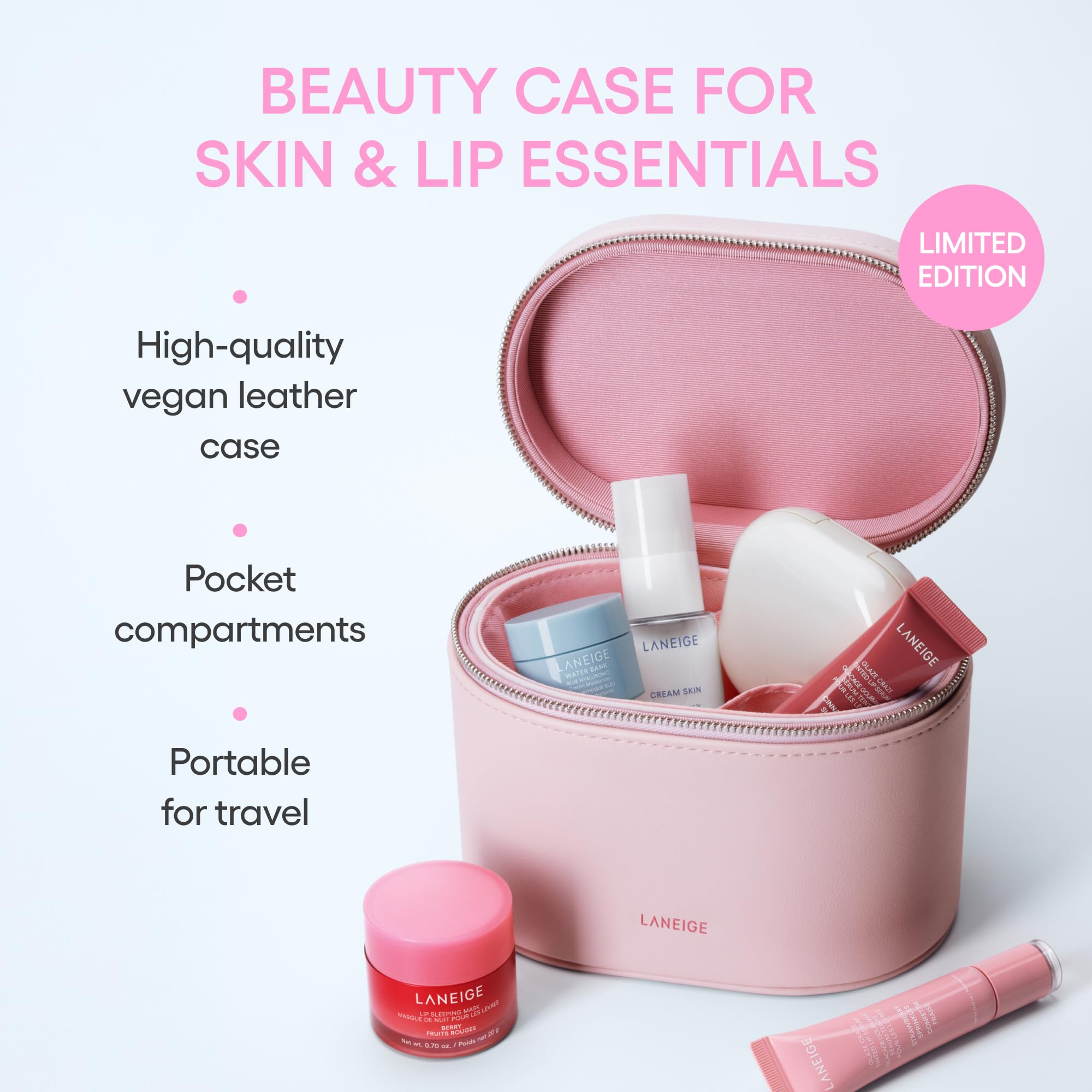 LANEIGE pink vanity case shows embossed logo and premium travel style.