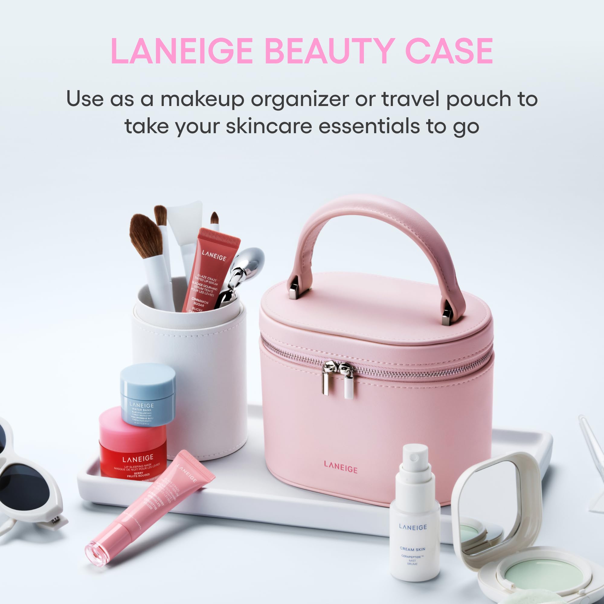 LANEIGE pink vanity case with handle and compartments for organized skincare.
