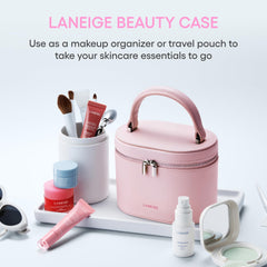 LANEIGE pink vanity case with handle and compartments for organized skincare.