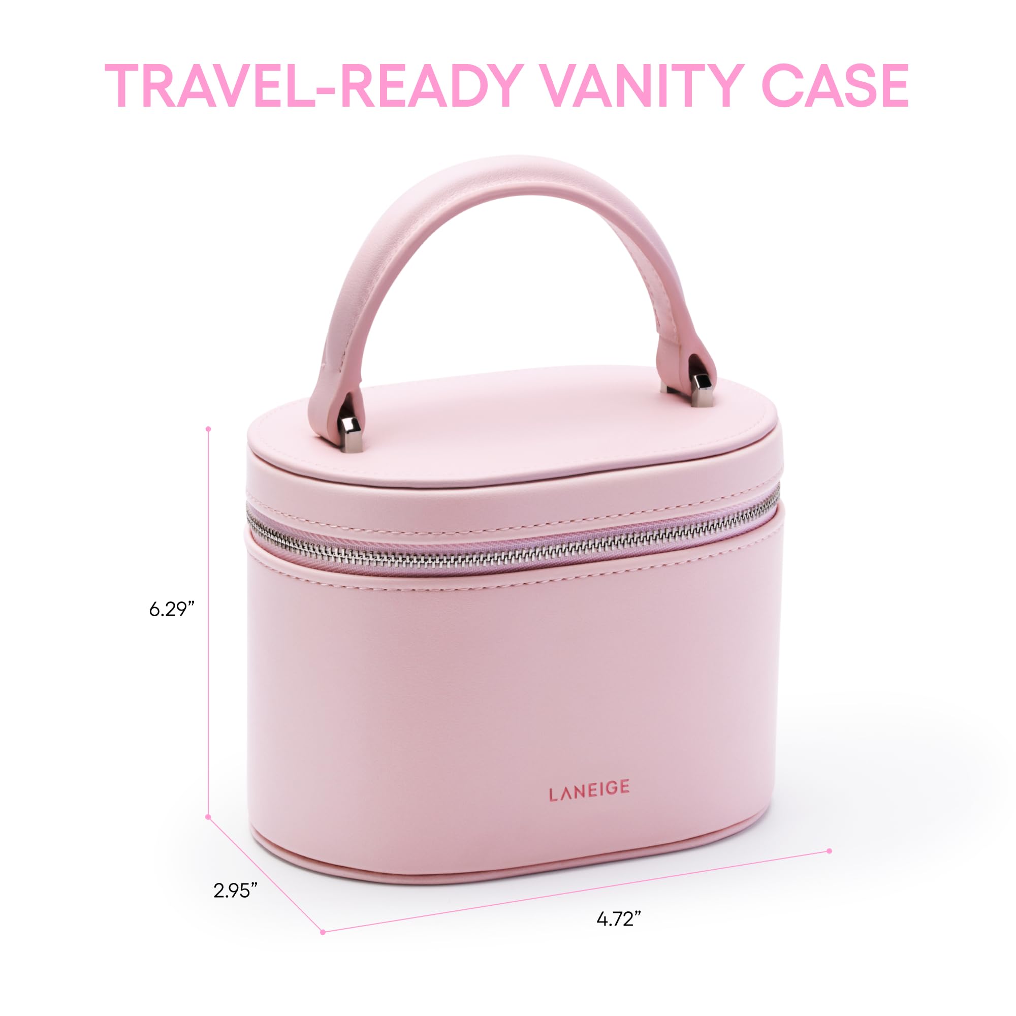 LANEIGE pink vanity case fits in luggage for on-the-go beauty.