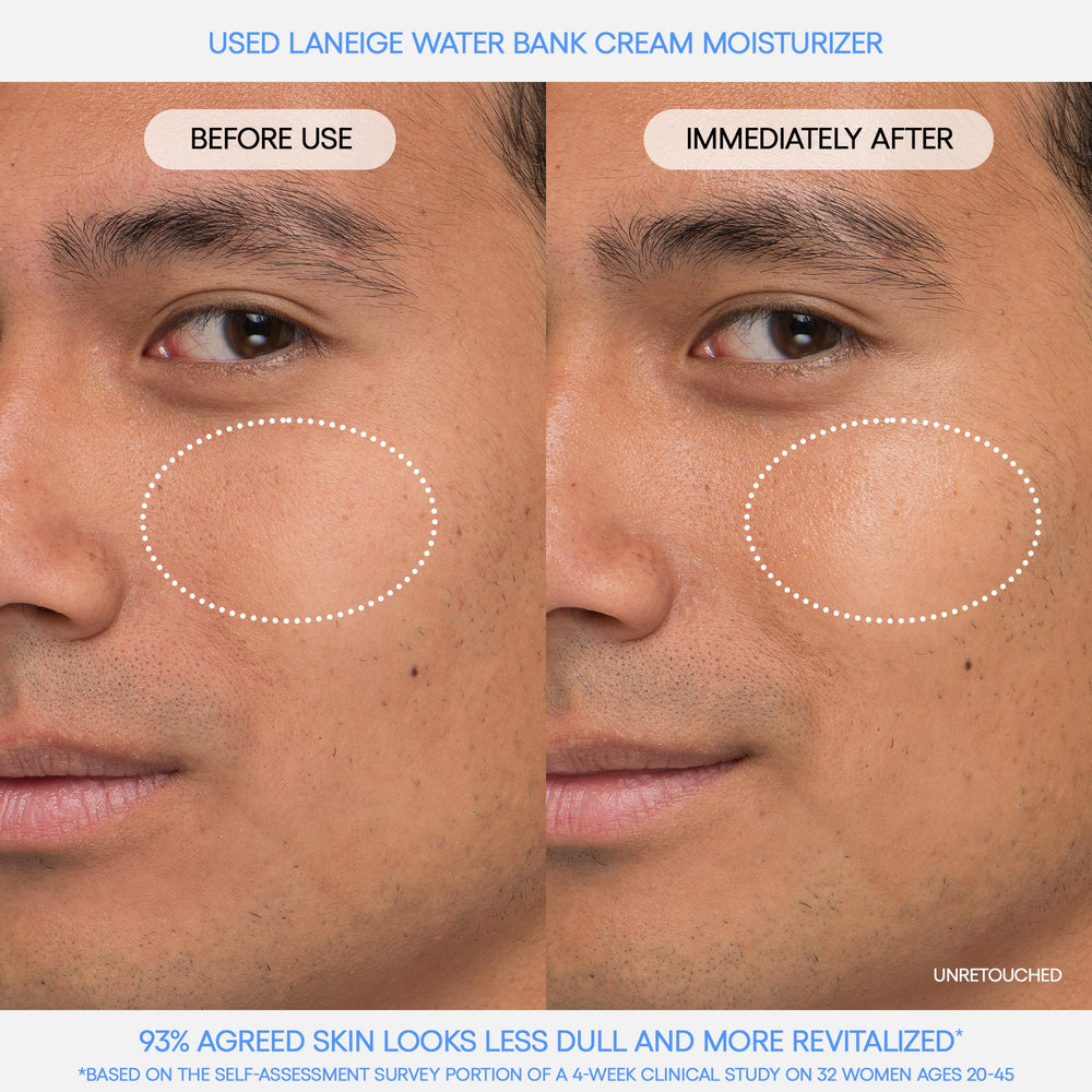 Laneige Water Bank Blue Hyaluronic Cream application on skin demonstrates instant softness.