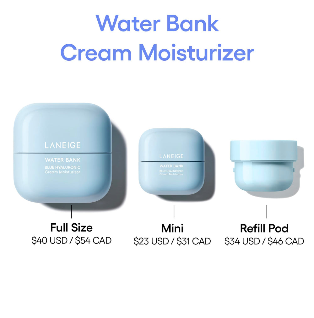 Laneige Water Bank Blue Hyaluronic Cream ingredients callouts include ceramide and squalane.
