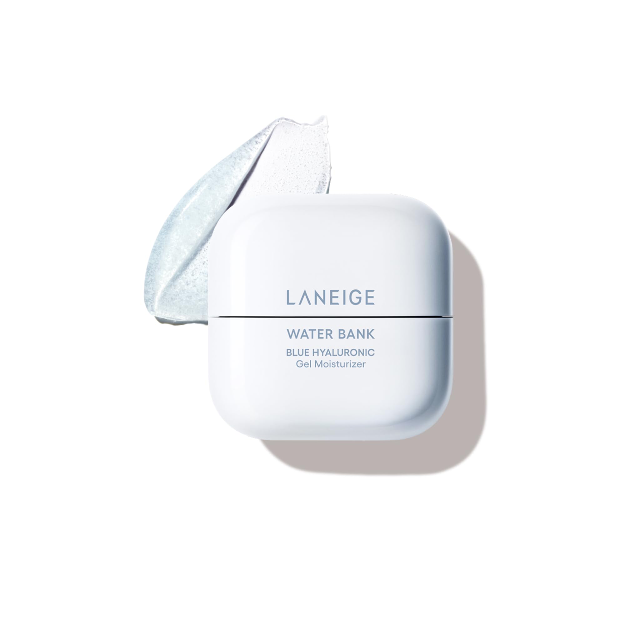 Laneige Water Bank Blue Hyaluronic Gel close-up of tube with hydration beads.